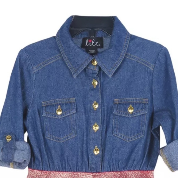 Lilt Girls Plus 3/4 Roll Sleeve Denim Red Gold Glitter Mesh Dress Size XXL(20.5) - Picture 2 of 10